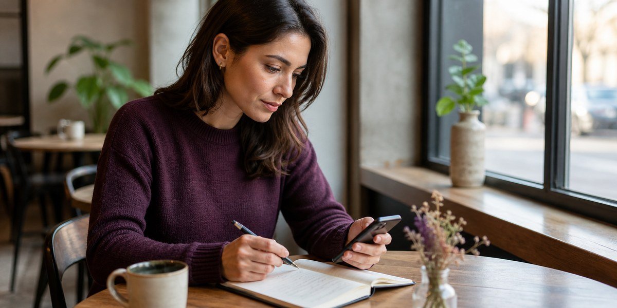 Adult woman reviewing profile details before drafting a first message