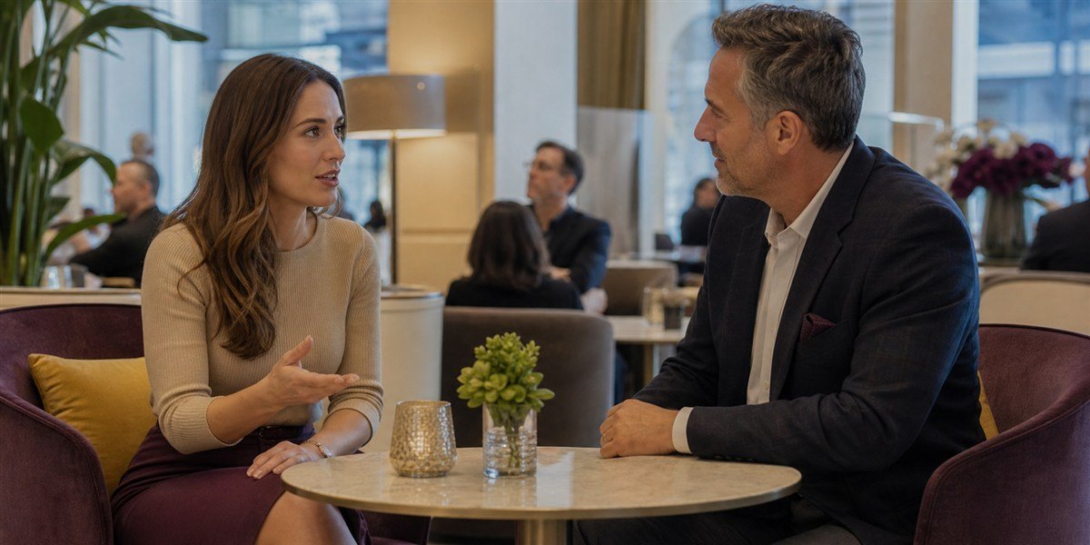 Adult sugar baby and sugar daddy having a respectful conversation in a public lounge