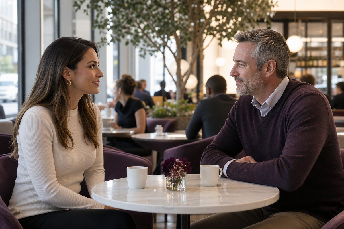 Adult sugar daddy and sugar baby meeting in a public cafe